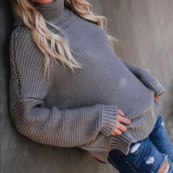 Chunky Knit Turtleneck Sweater Gray - Picture 4 of 7